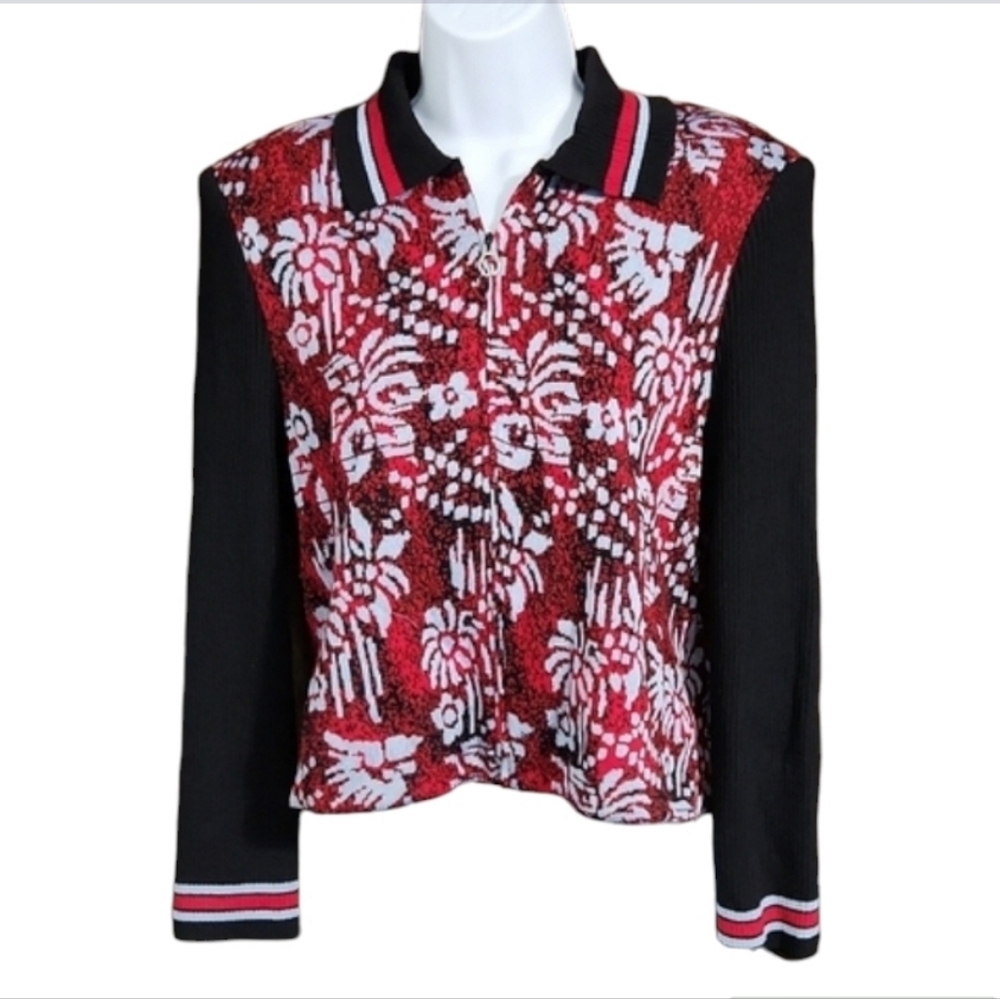 St John Vintage Red Black Floral Zip Cardigan Sweater